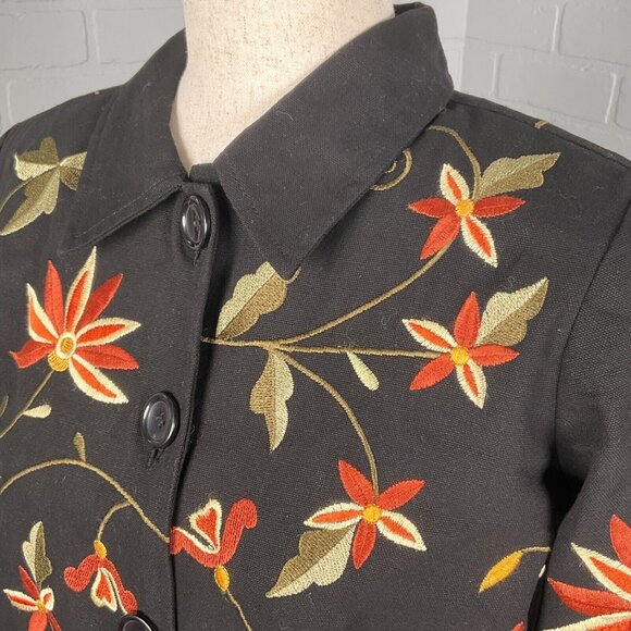 Brownstone Studios Jacket Women P Medium Black Orange Floral Embroider Shacket - Picture 2 of 11